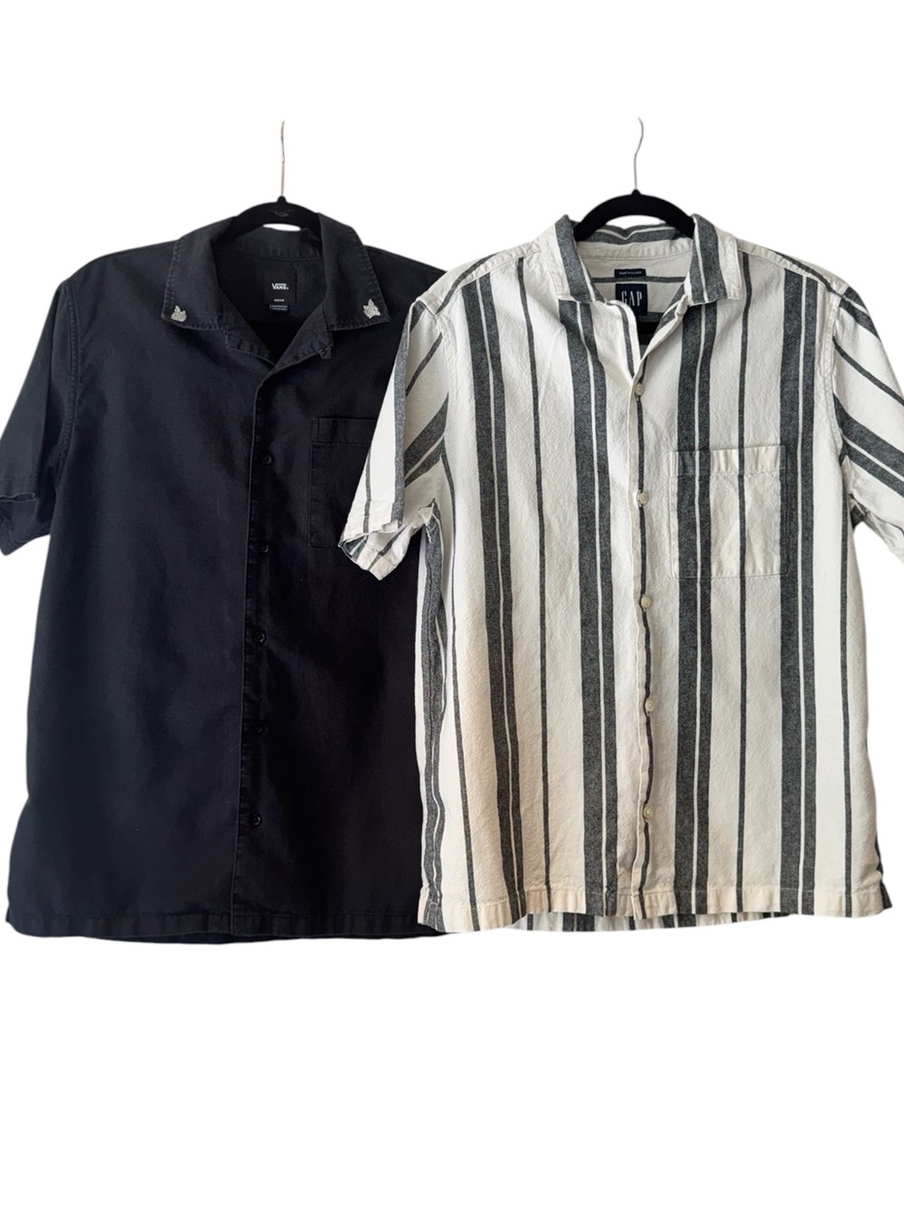 Pair of men's linen blend shirts. GAP striped and Vans solid black, size M